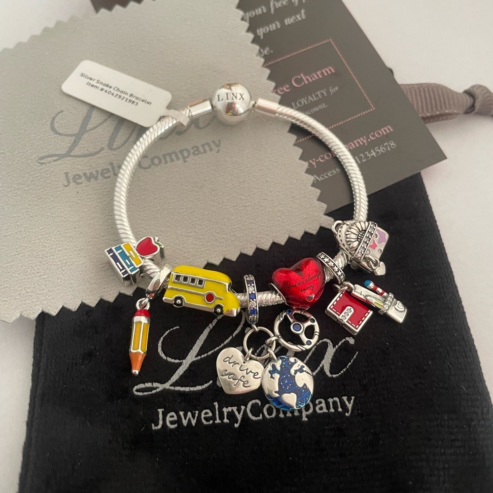 Linx Snake Chain Bracelet with School Bus Driver Charms 925 sterling silver